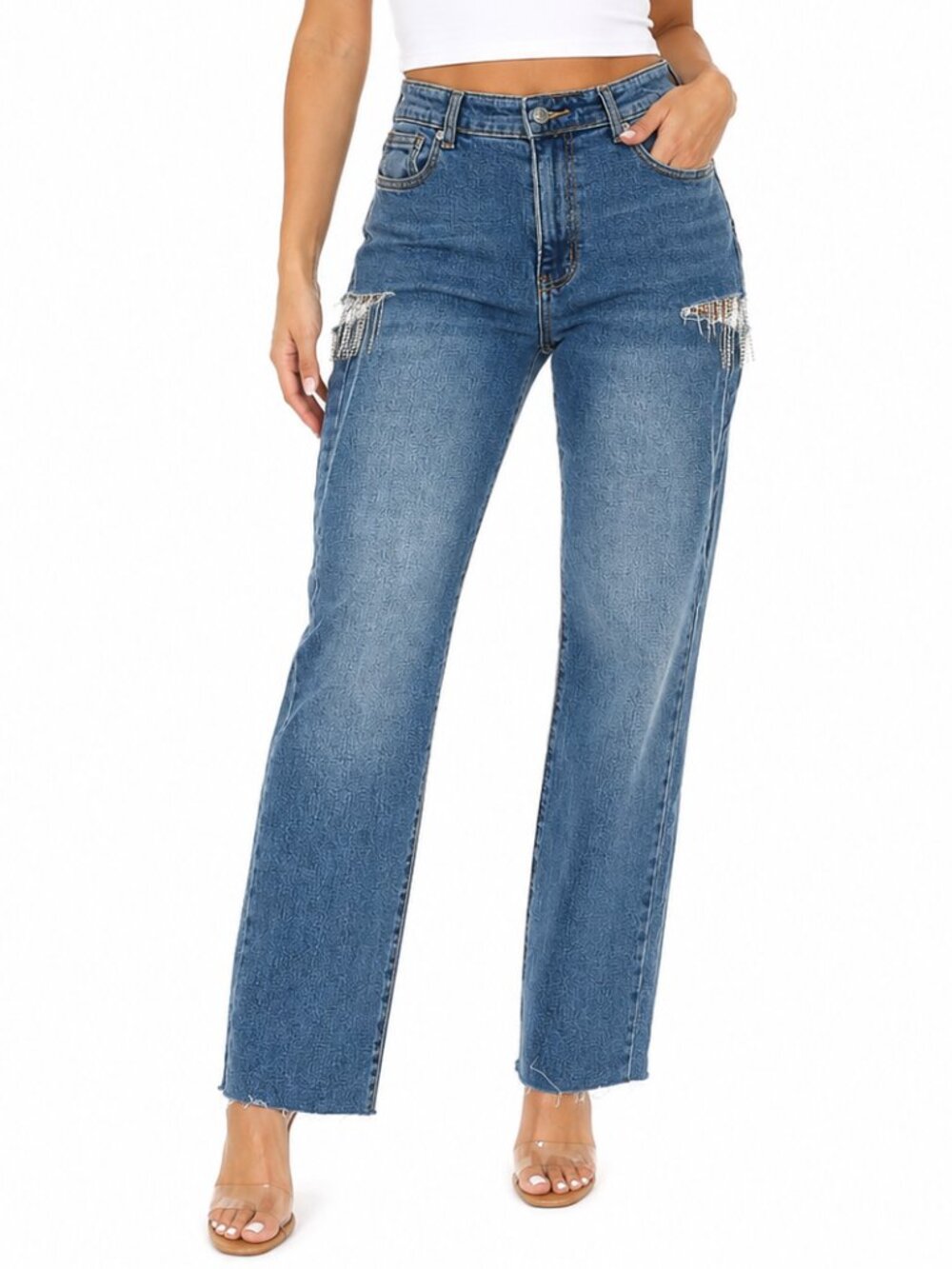 AKIRA Women's Rhinestone Fringe Distressed Straight Leg Jeans, 5/26"